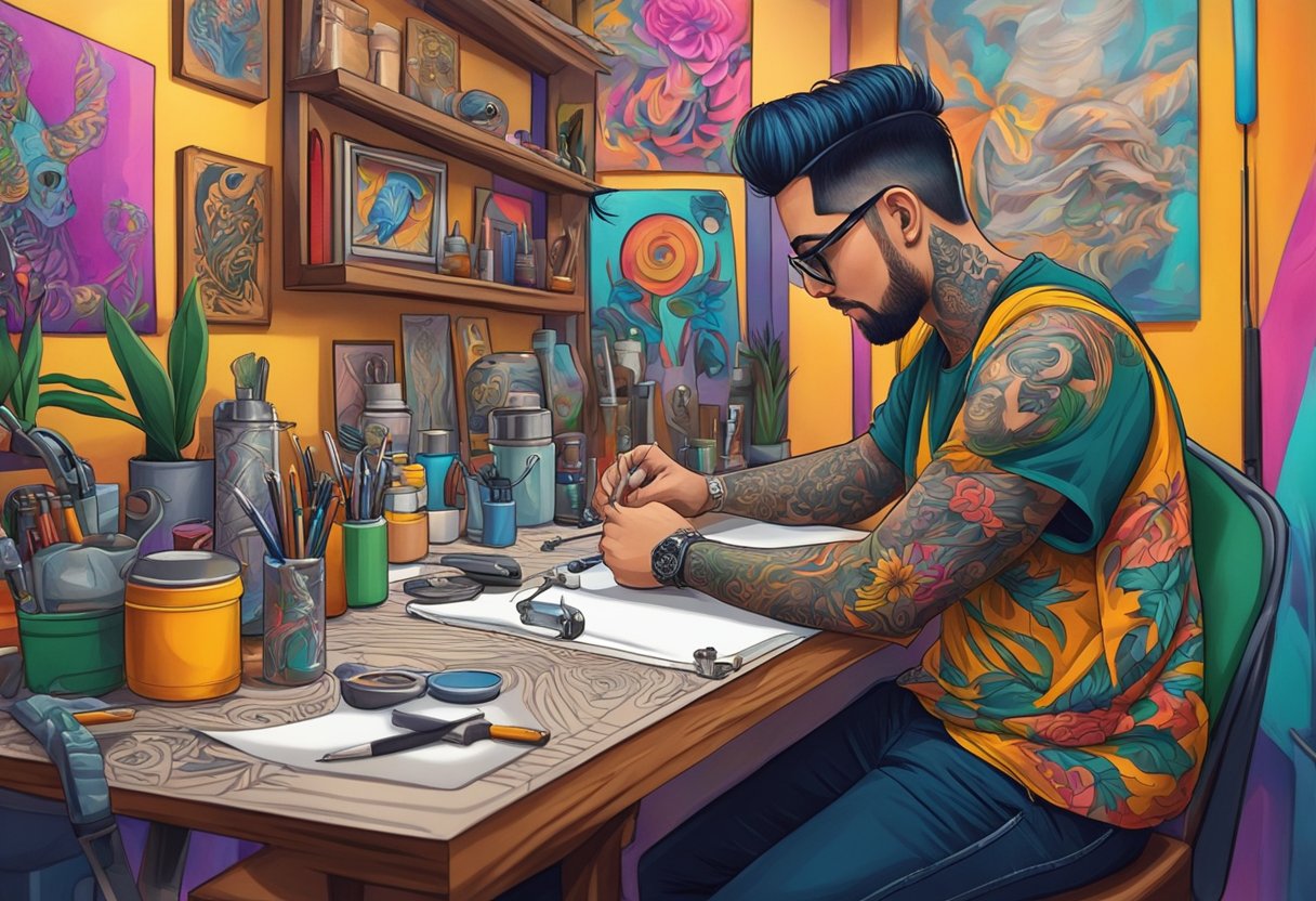 Um tatuador em um estúdio vibrante no centro de Curitiba ajuda um cliente com um design, cercado por obras de arte coloridas e equipamentos de tatuagem.