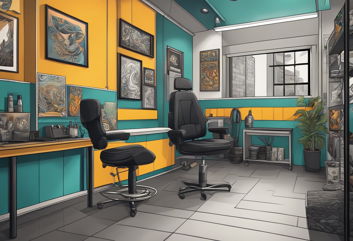 Um estúdio de tatuagem moderno no centro de Curitiba, com design elegante, arte vibrante e uma atmosfera profissional.