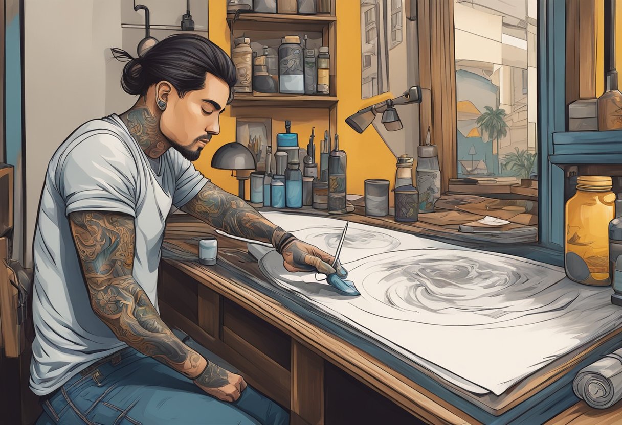 Um tatuador limpa e envolve cuidadosamente um design recém-tatuado em um estúdio no centro de Curitiba