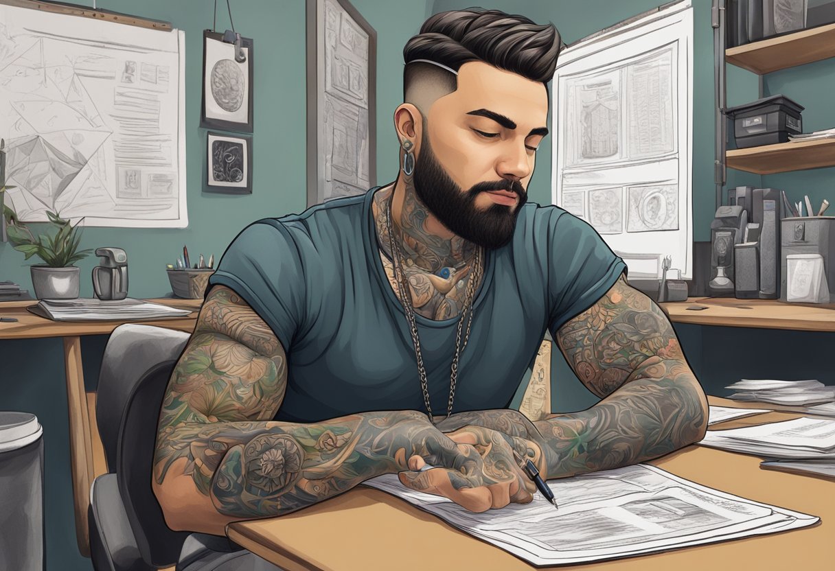 Um tatuador no estúdio do centro de Curitiba, cercado por documentos legais e regulamentos.