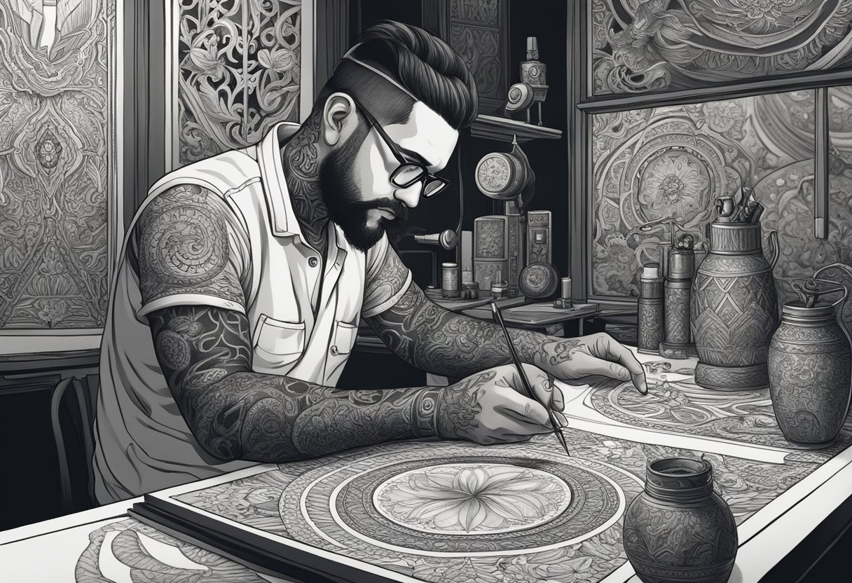 Blackwork Tattoo Curitiba: Arte e Estilo na Capital Paranaense Um artista de tatuagem em blackwork em Curitiba cria designs intrincados em um estúdio com pouca luz, cercado por padrões ornamentais e equipamentos de tatuagem.