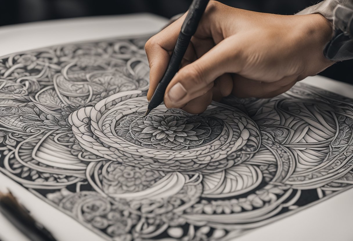 Blackwork Tattoo Curitiba: Arte e Estilo na Capital Paranaense Uma tatuagem em blackwork sendo cuidadosamente aplicada em um estúdio em Curitiba, com a mão do artista criando habilidosamente padrões intrincados.