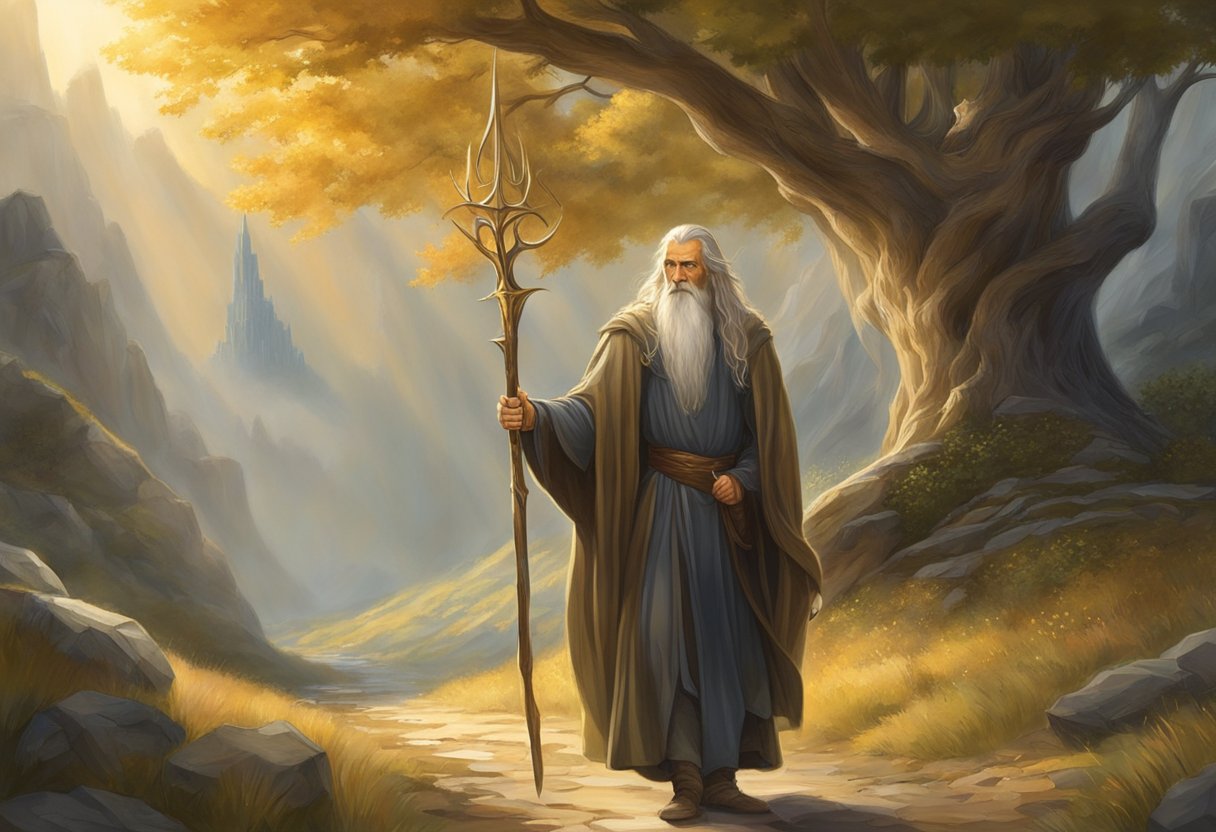 Eru Ilúvatar's radiant presence enveloped the realm of Middle-earth, casting a golden glow upon the land as he sent Gandalf back with a powerful gesture