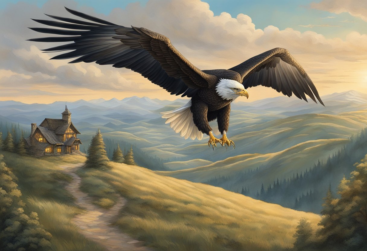 A majestic eagle soars over the rolling hills of Middle-earth, carrying a staff in its talons, symbolizing Gandalf's enduring influence