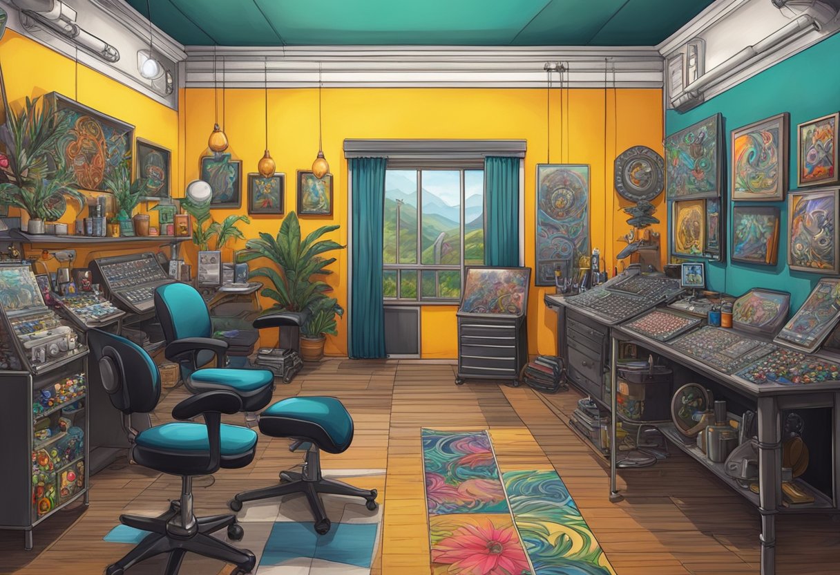 Studio de Piercing Curitiba Centro: Guia Completo para Escolher o Melhor Um estúdio vibrante no centro de Curitiba, repleto de equipamentos de tatuagem e piercings, obras de arte coloridas e uma diversidade de joias corporais.