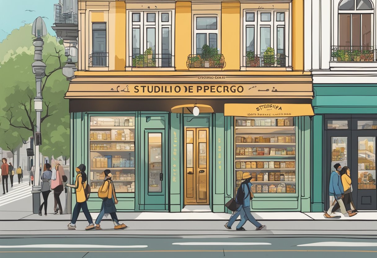 Studio de Piercing Curitiba Centro: Guia Completo para Escolher o Melhor Uma rua movimentada da cidade com uma vitrine proeminente rotulada "Studio de Piercing Curitiba Centro." Pedestres passam, e uma placa anuncia os serviços do estúdio.
