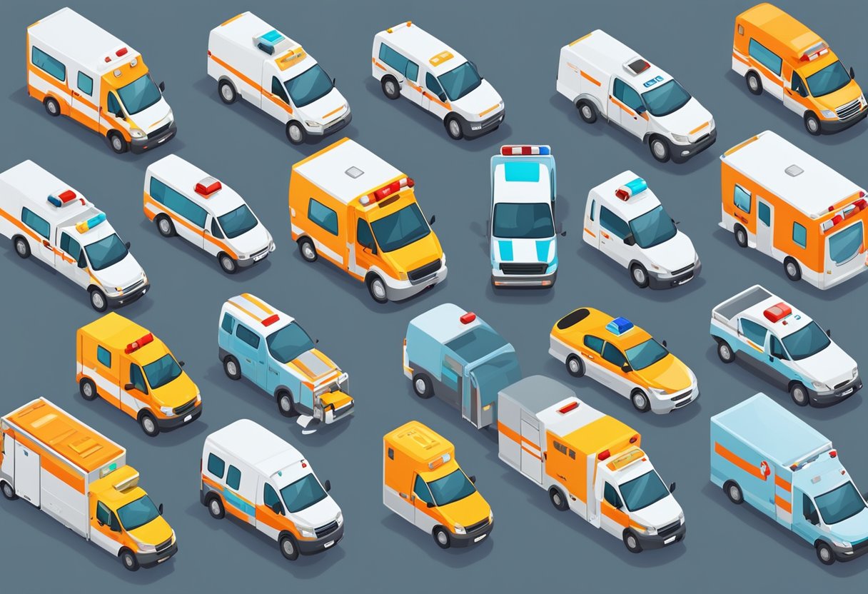 Uma variedade de ambulâncias estacionadas do lado de fora de um hospital, com diferentes designs e tamanhos. Algumas estão equipadas com sirenes e luzes piscantes.