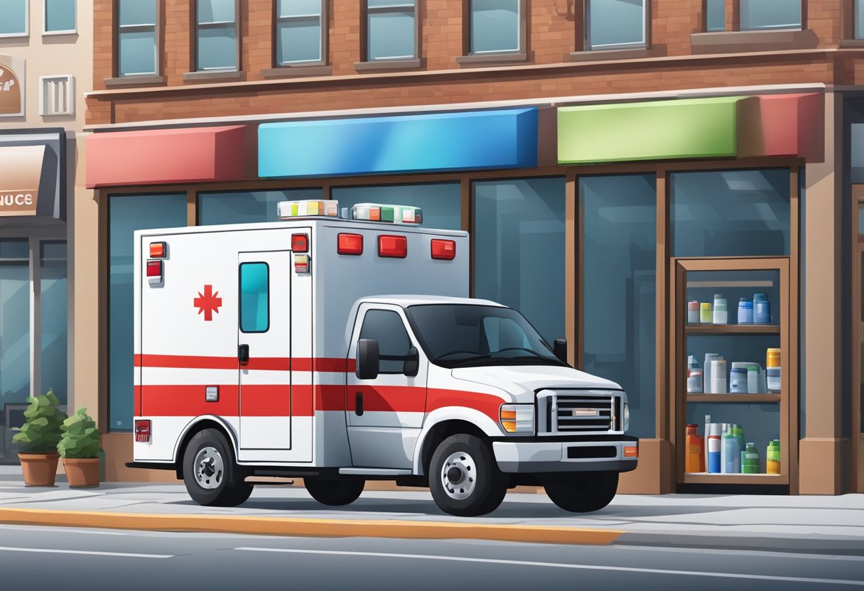 Uma ambulância estacionada em frente a uma loja de suprimentos médicos, com vários equipamentos e suprimentos médicos exibidos na vitrine.