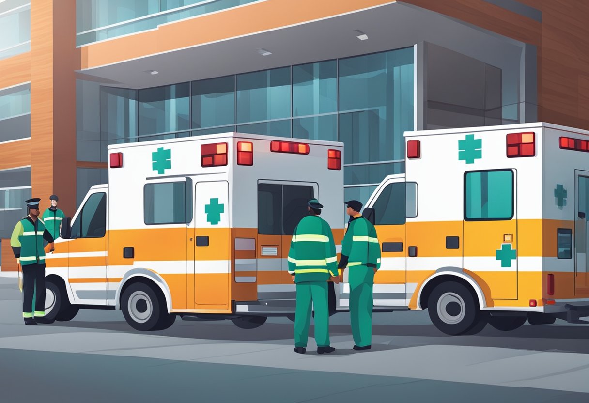 Uma ambulância estacionada do lado de fora de um hospital, com suas luzes piscando e paramédicos atendendo a um paciente em uma maca