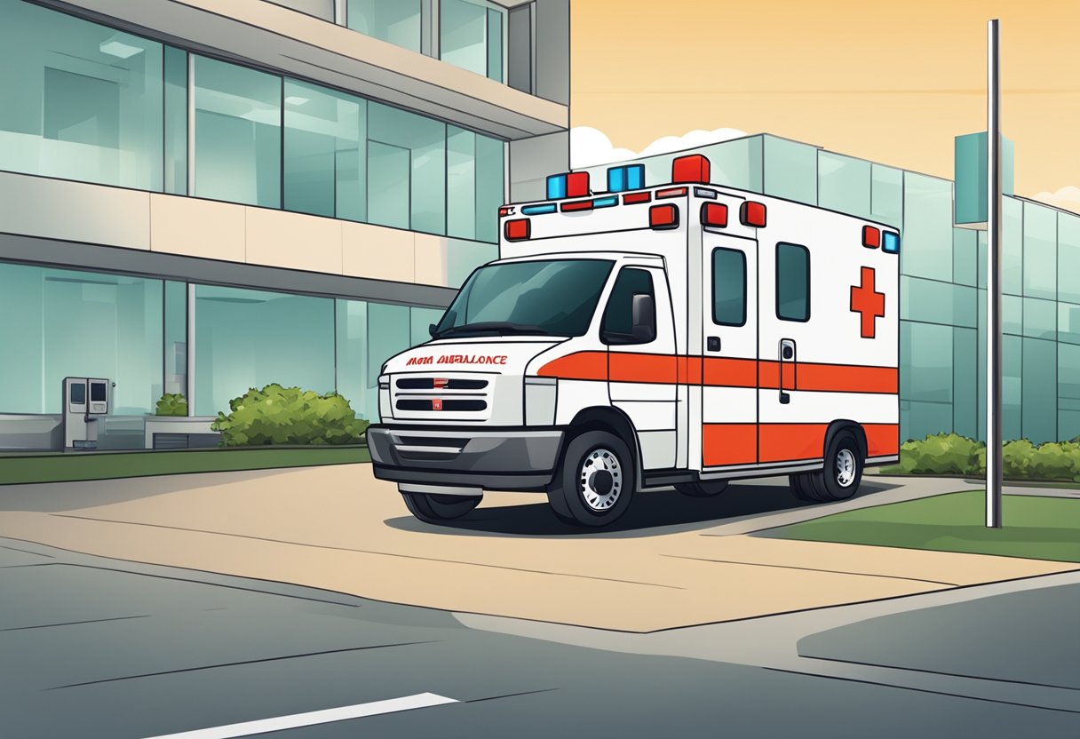 Uma ambulância estacionada do lado de fora de um hospital, com uma visão clara do preço exibido em uma placa