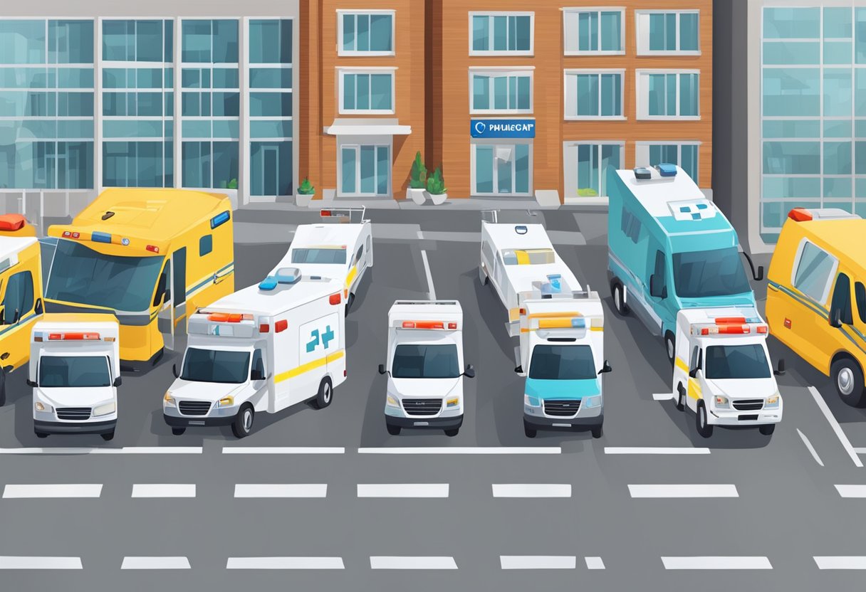 Uma rua movimentada com uma variedade de ambulâncias estacionadas em frente a um hospital, cada uma com diferentes etiquetas de preço exibidas em seus para-brisas.