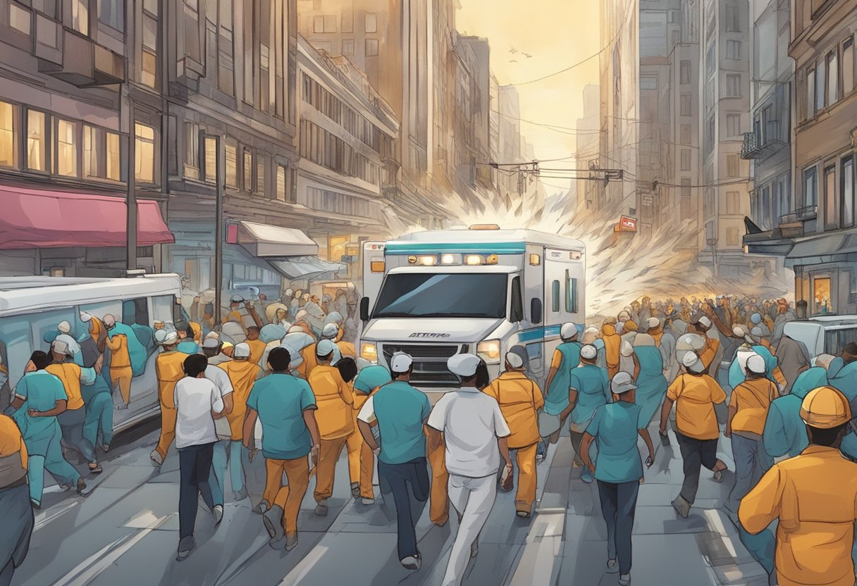 Uma UTI móvel particular correndo pelas ruas da cidade, com sirenes tocando, cercada por uma equipe médica apressada e transeuntes preocupados.