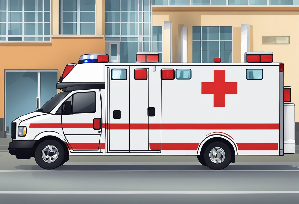 Uma ambulância com luzes piscantes e um logotipo de cruz vermelha estacionou do lado de fora de um prédio, com equipamentos médicos visíveis através das portas traseiras.