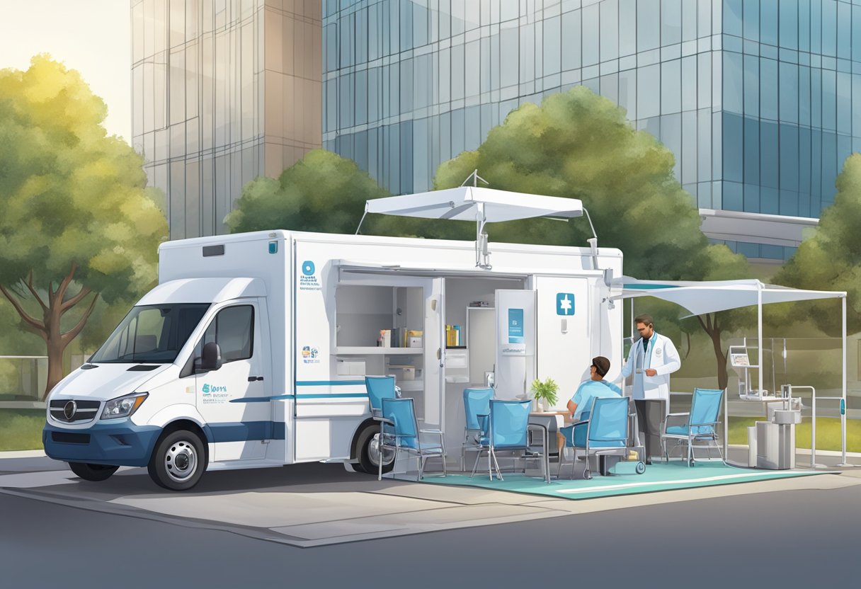 Uma unidade médica móvel estacionada em um evento, com sinalização de segurança e saúde exibida