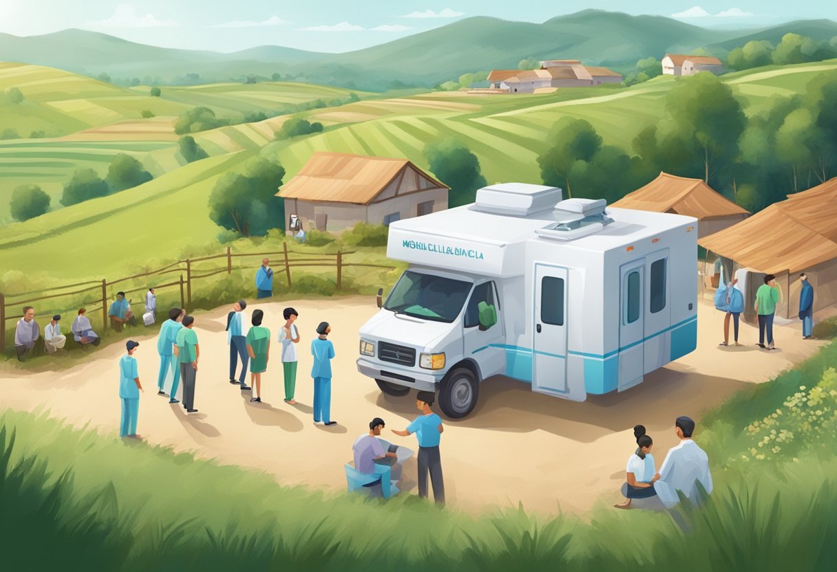 Uma unidade médica móvel estacionada em uma área rural, cercada por colinas onduladas e pequenas vilas, com uma fila de pessoas aguardando atendimento.