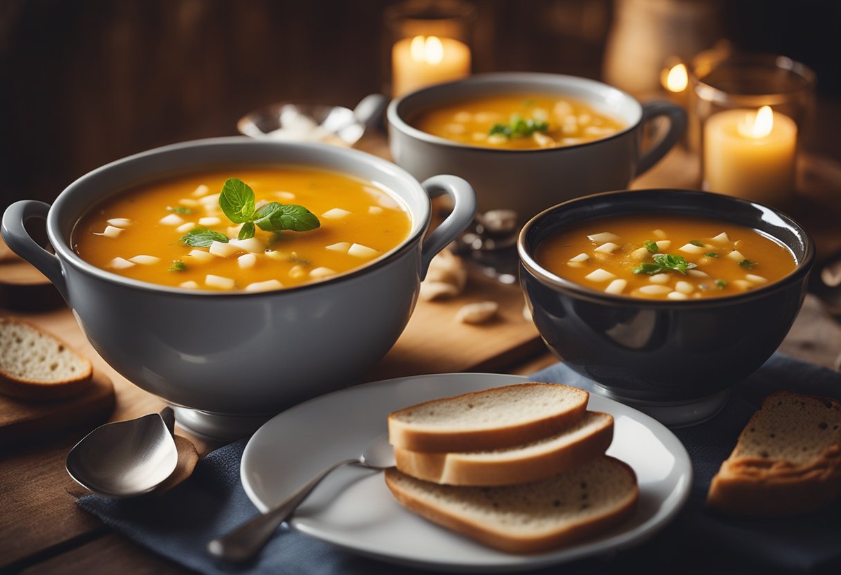A table set with steaming bowls of soup, warm bread, and flickering candles for a cozy soup party