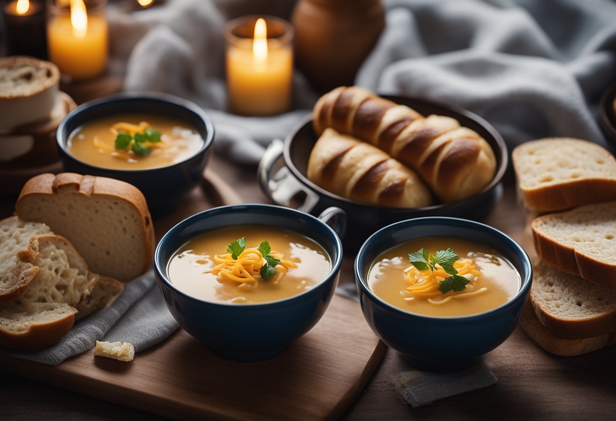 A table set with steaming bowls of soup, fresh bread, and assorted beverages, surrounded by cozy blankets and flickering candles