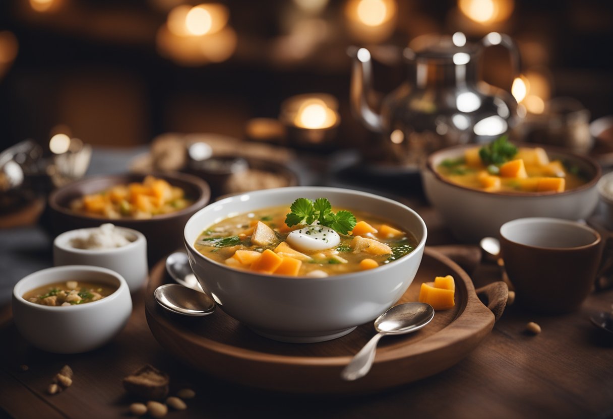A table set with steaming bowls of soup, surrounded by warm, inviting decor and cozy lighting