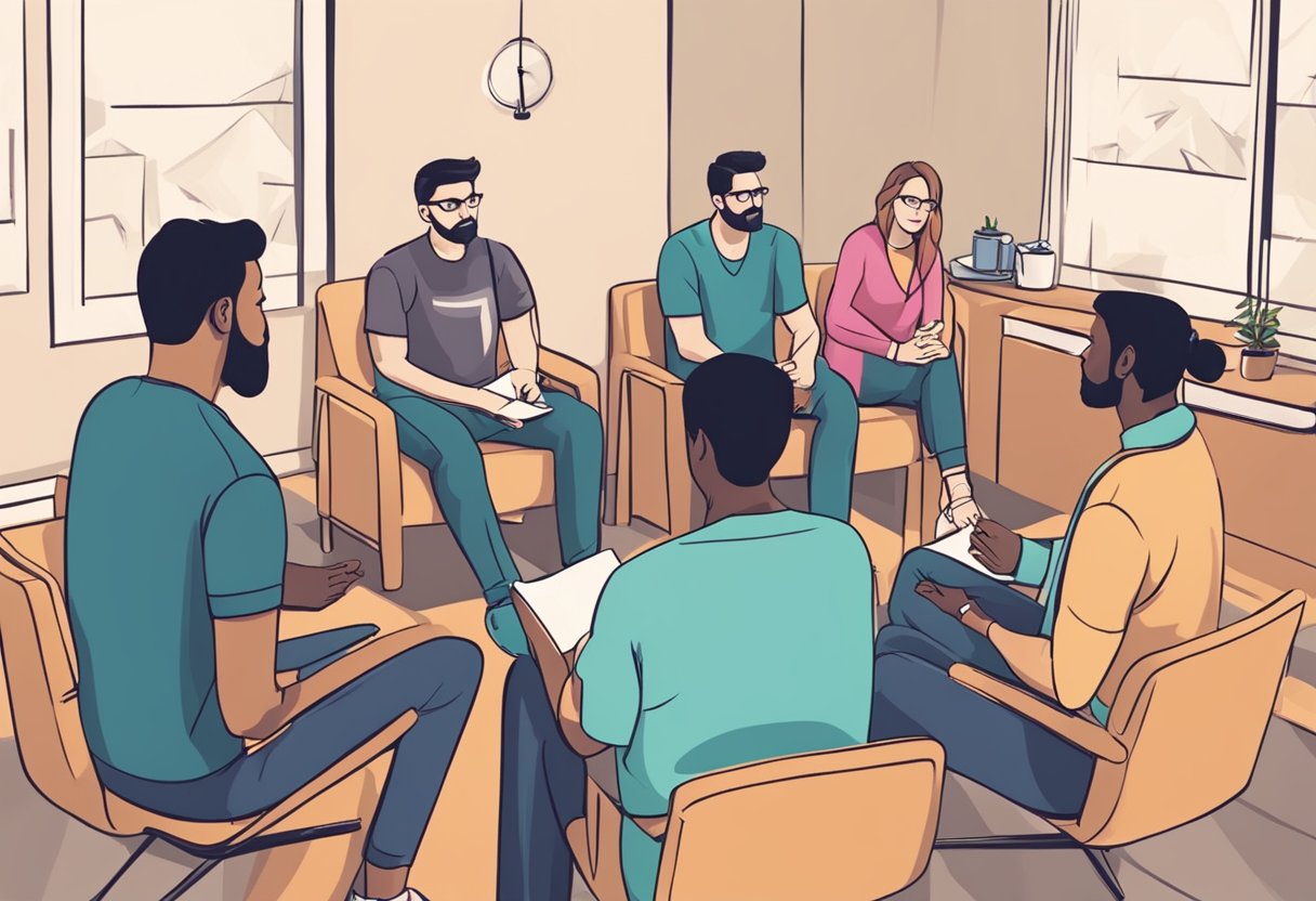 Uma sessão de terapia em grupo para dependentes químicos, com conselheiros oferecendo apoio e orientação.