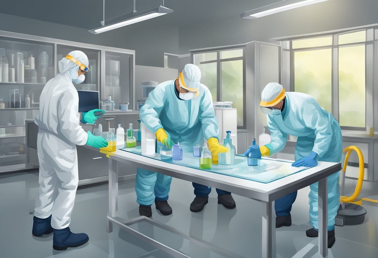 Uma equipe de especialistas trabalhando junta para remover substâncias químicas de um ambiente controlado