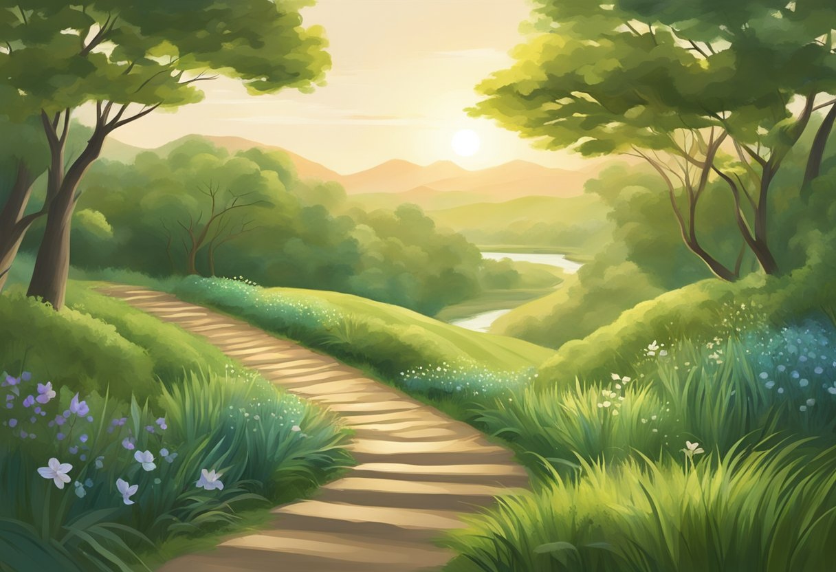 Uma paisagem serena com um caminho sinuoso levando a um retiro tranquilo situado em um ambiente verdejante e exuberante. O cenário exala uma sensação de paz e esperança de recuperação da dependência.