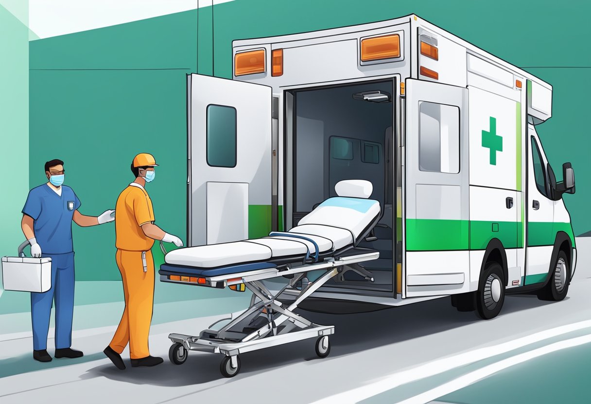 Um paciente sendo transportado com segurança em uma ambulância moderna, equipada com equipamentos médicos e uma equipe médica profissional.