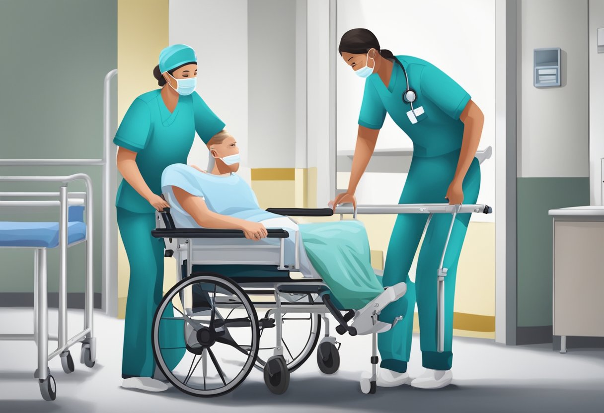 Um trabalhador da saúde usando uma maca para transferir um paciente de uma cama para uma cadeira de rodas