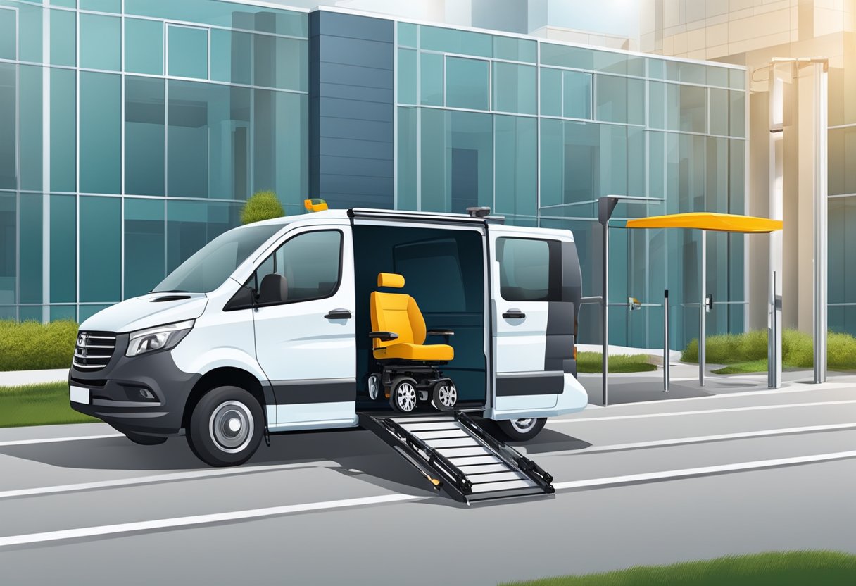 Uma van acessível para cadeirantes com elevador hidráulico e equipamentos médicos para transporte de pacientes