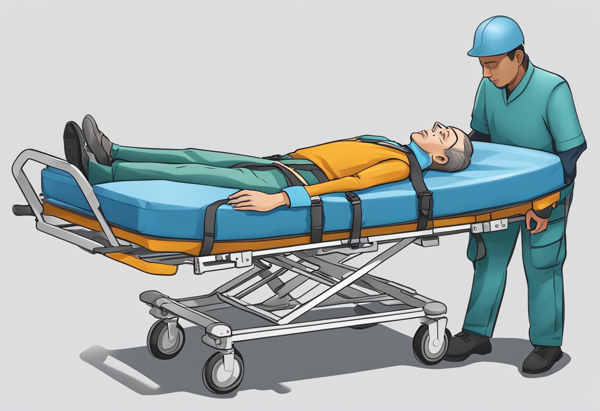 Um paciente está reclinado confortavelmente em uma maca, preso com cintas, enquanto é transportado.