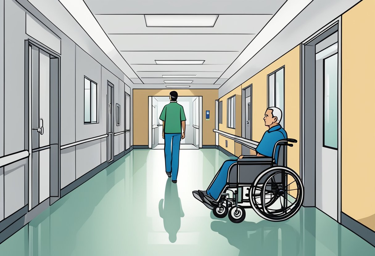 Um profissional transportando um paciente em uma cadeira de rodas por um corredor de hospital
