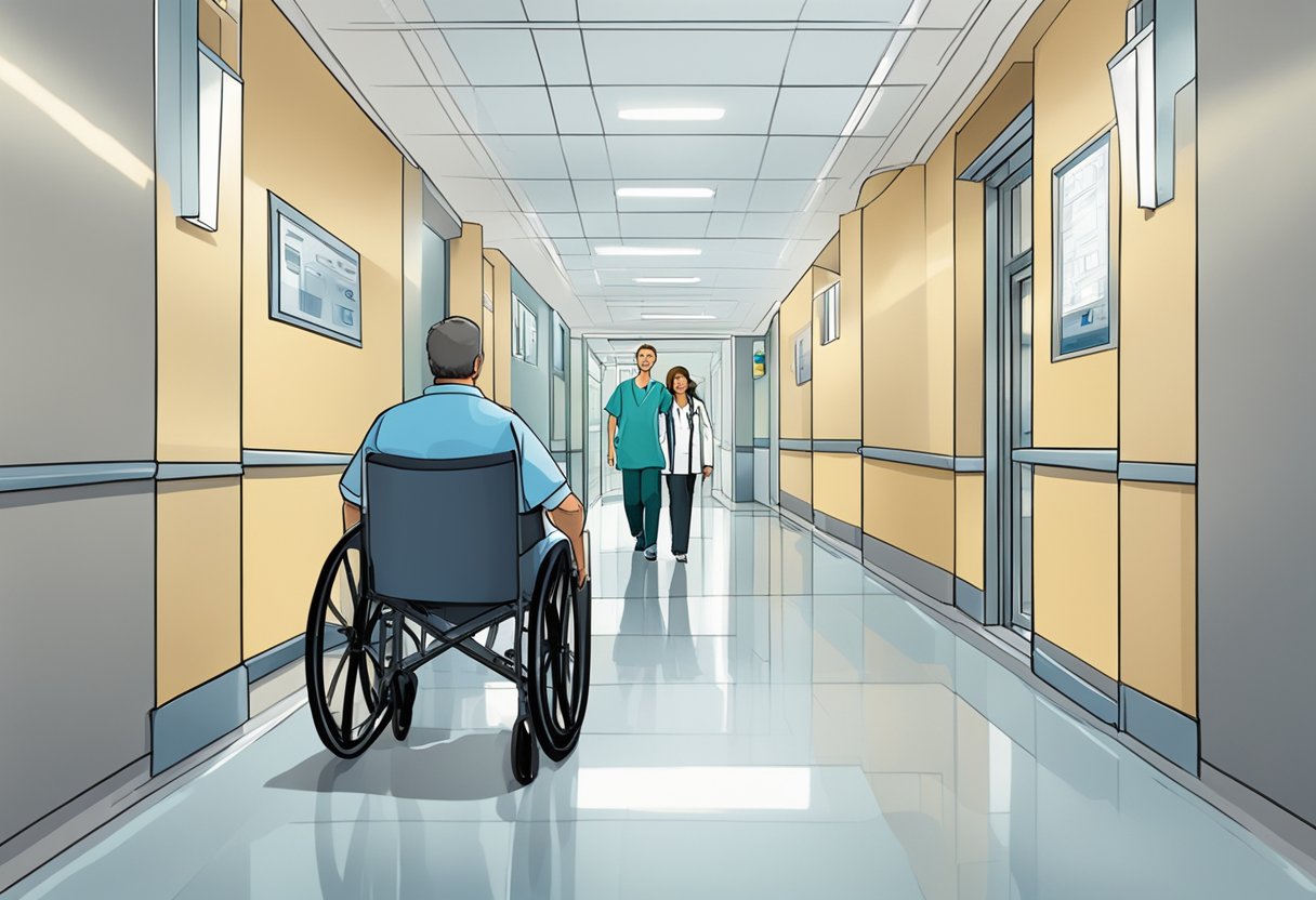 Um paciente sendo transportado em uma cadeira de rodas por um profissional de saúde por um corredor do hospital