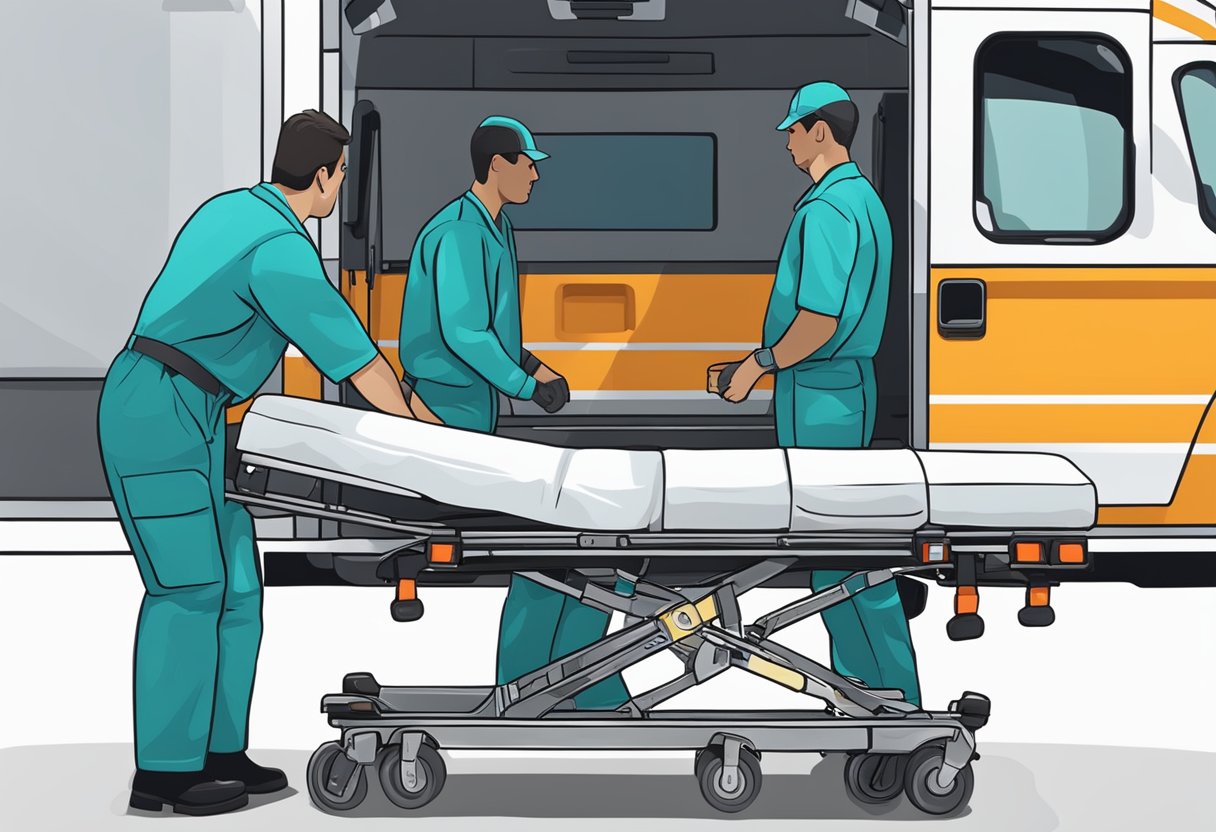 Uma maca médica sendo carregada em uma ambulância por dois paramédicos