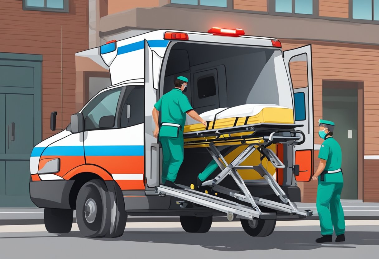 Um paramédico carrega cuidadosamente uma maca em uma ambulância, garantindo que esteja segura e confortável para a remoção do paciente.