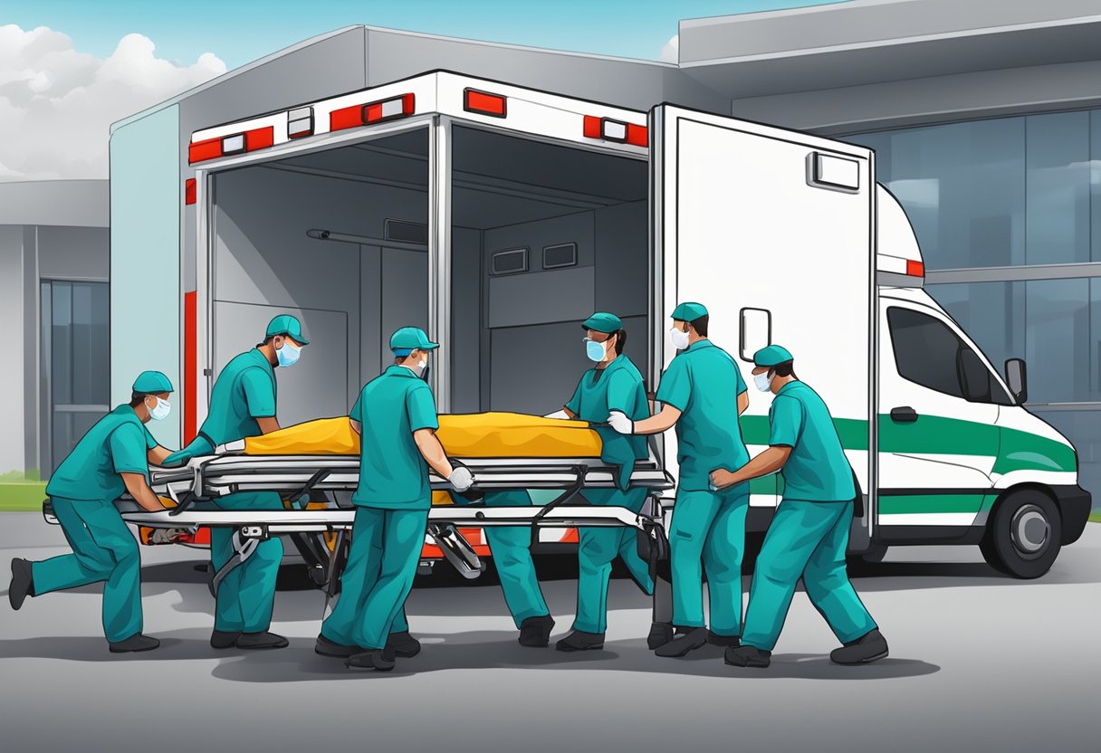 Uma equipe médica carrega rapidamente uma maca em uma ambulância, pronta para transportar um paciente em uma situação de emergência.