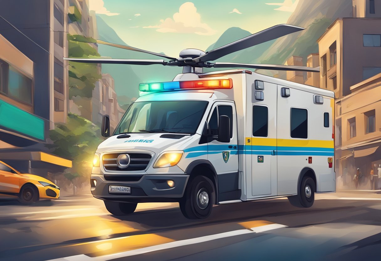 Uma ambulância brasileira correndo pelas ruas da cidade com luzes piscando e sirenes, enquanto um helicóptero paira sobre uma região montanhosa.