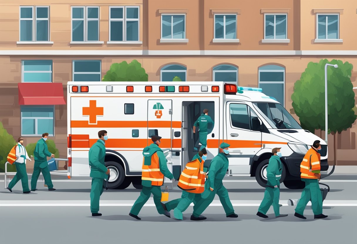 Uma equipe de paramédicos corre para uma emergência médica, com uma ambulância estacionada nas proximidades e equipamentos médicos sendo usados em um paciente.