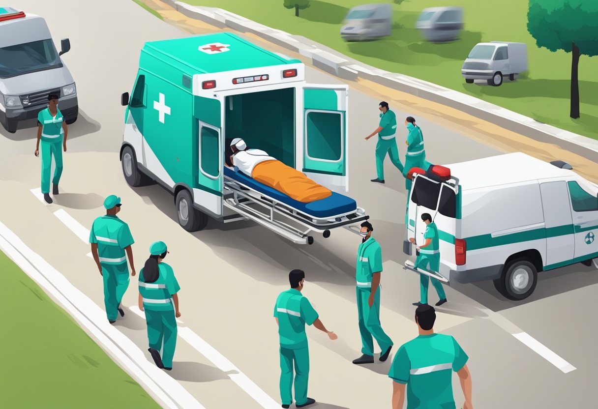 Uma equipe médica transporta um paciente em uma maca no Brasil, com uma ambulância e equipamentos médicos ao fundo.