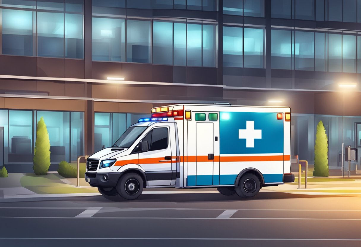 Uma ambulância com equipamentos médicos estacionada do lado de fora de um hospital, com luzes de emergência piscando