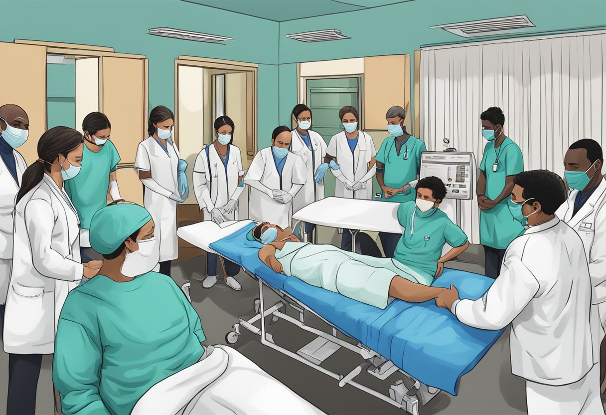 Um grupo de profissionais de saúde no Brasil passa por treinamento e revisa regulamentos para procedimentos médicos de emergência.