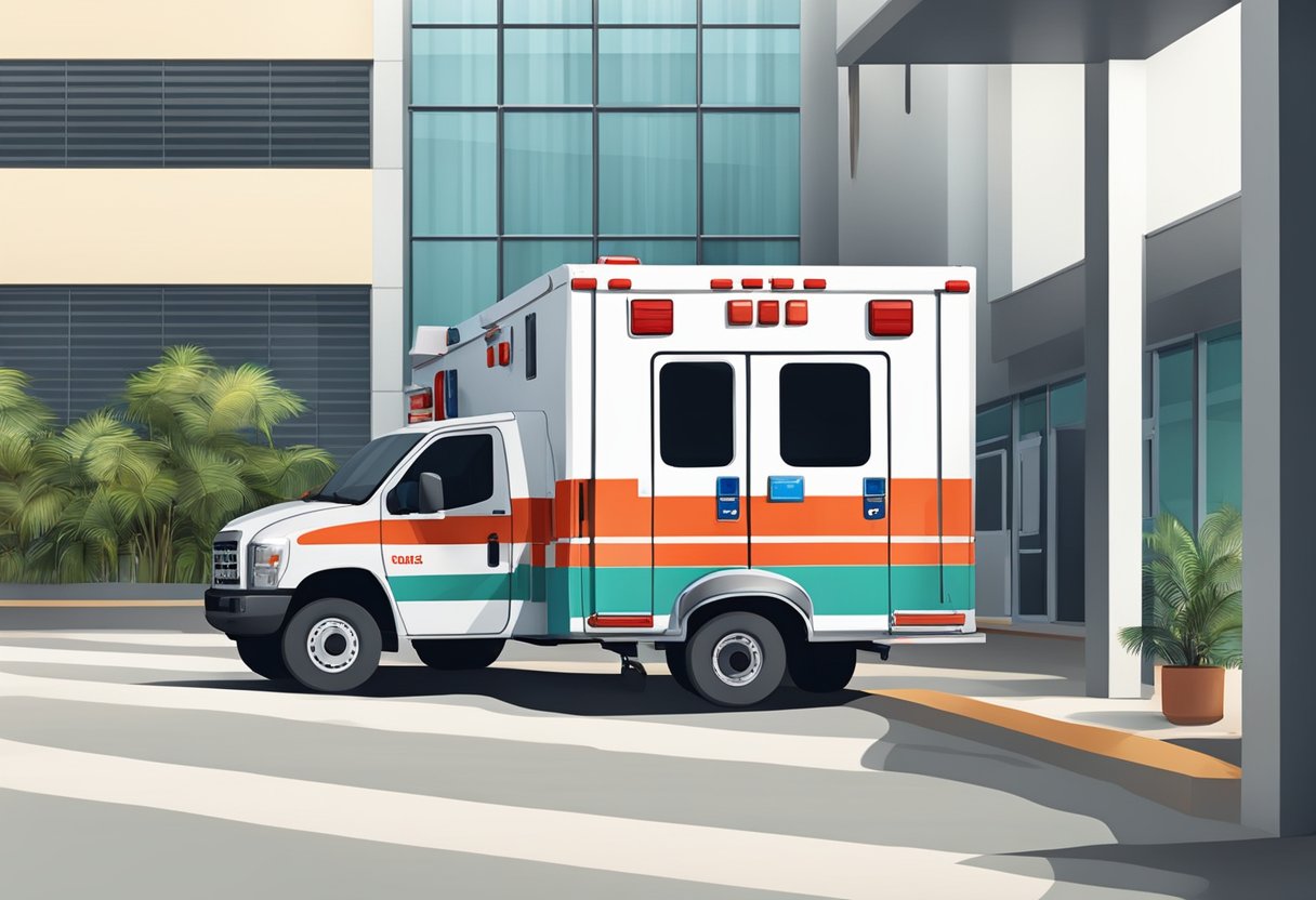 Uma ambulância com equipamentos médicos de emergência estacionada do lado de fora de um hospital no Brasil