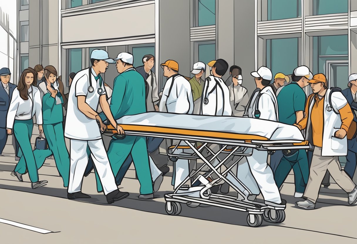 Uma equipe médica correndo para uma cena com uma maca e equipamentos de emergência, cercada por espectadores preocupados.