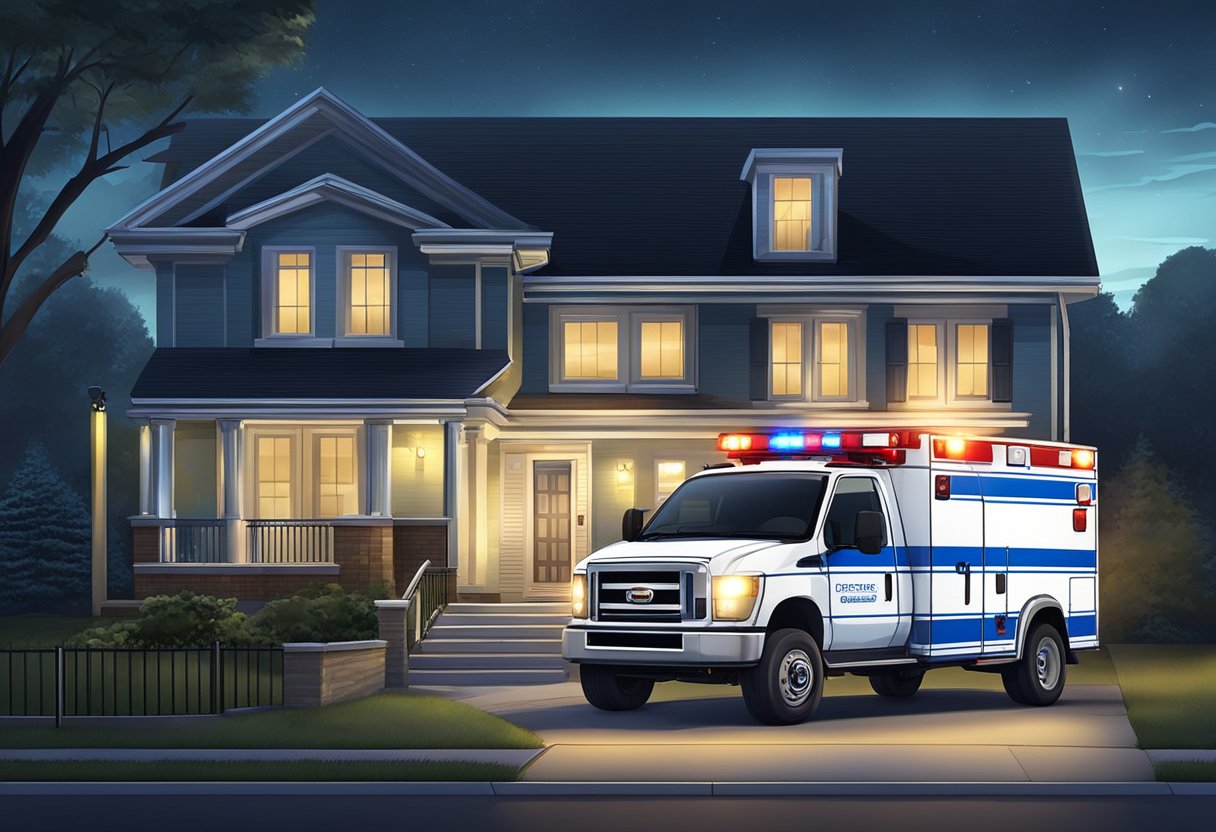 Um veículo de emergência médica particular estacionado do lado de fora de uma casa suburbana à noite, com suas luzes piscando e um paramédico carregando uma maca em direção à porta da frente