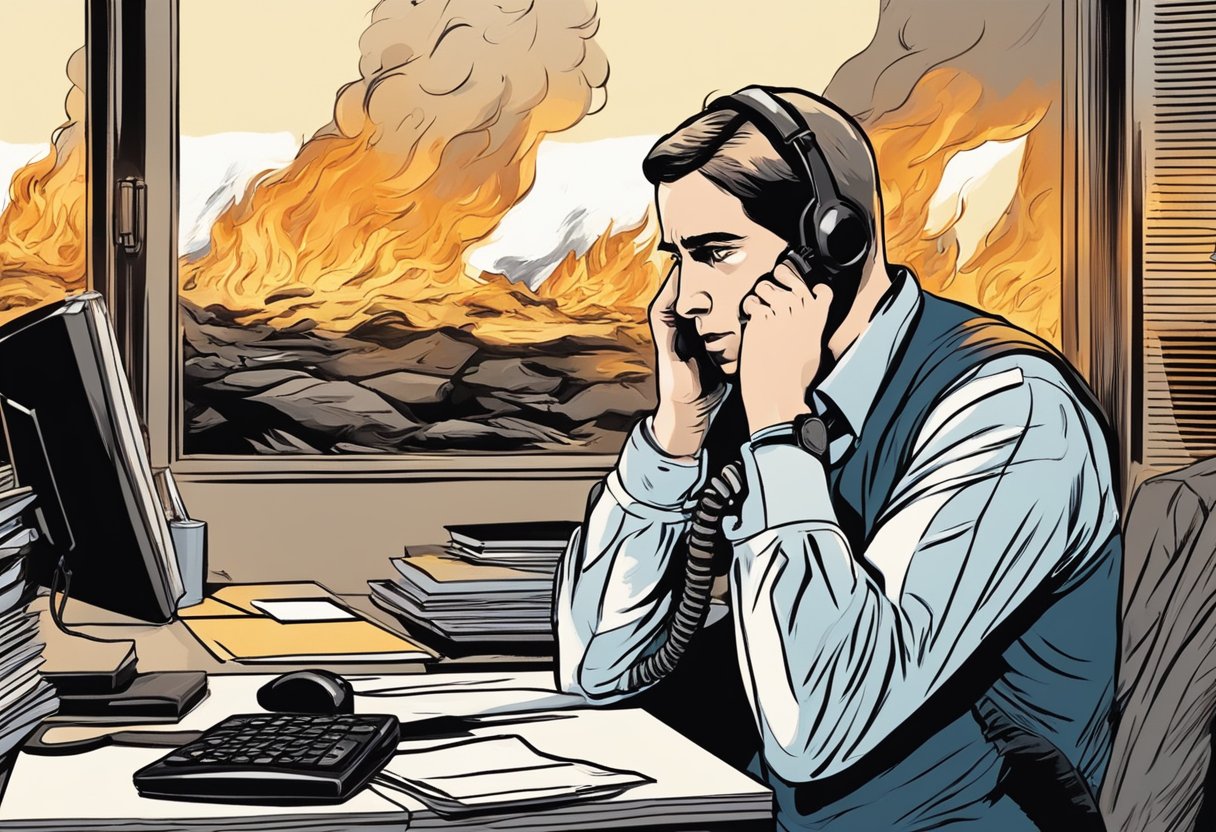 Uma pessoa pedindo ajuda ao telefone com uma expressão preocupada, enquanto um fogo arde ao fundo.