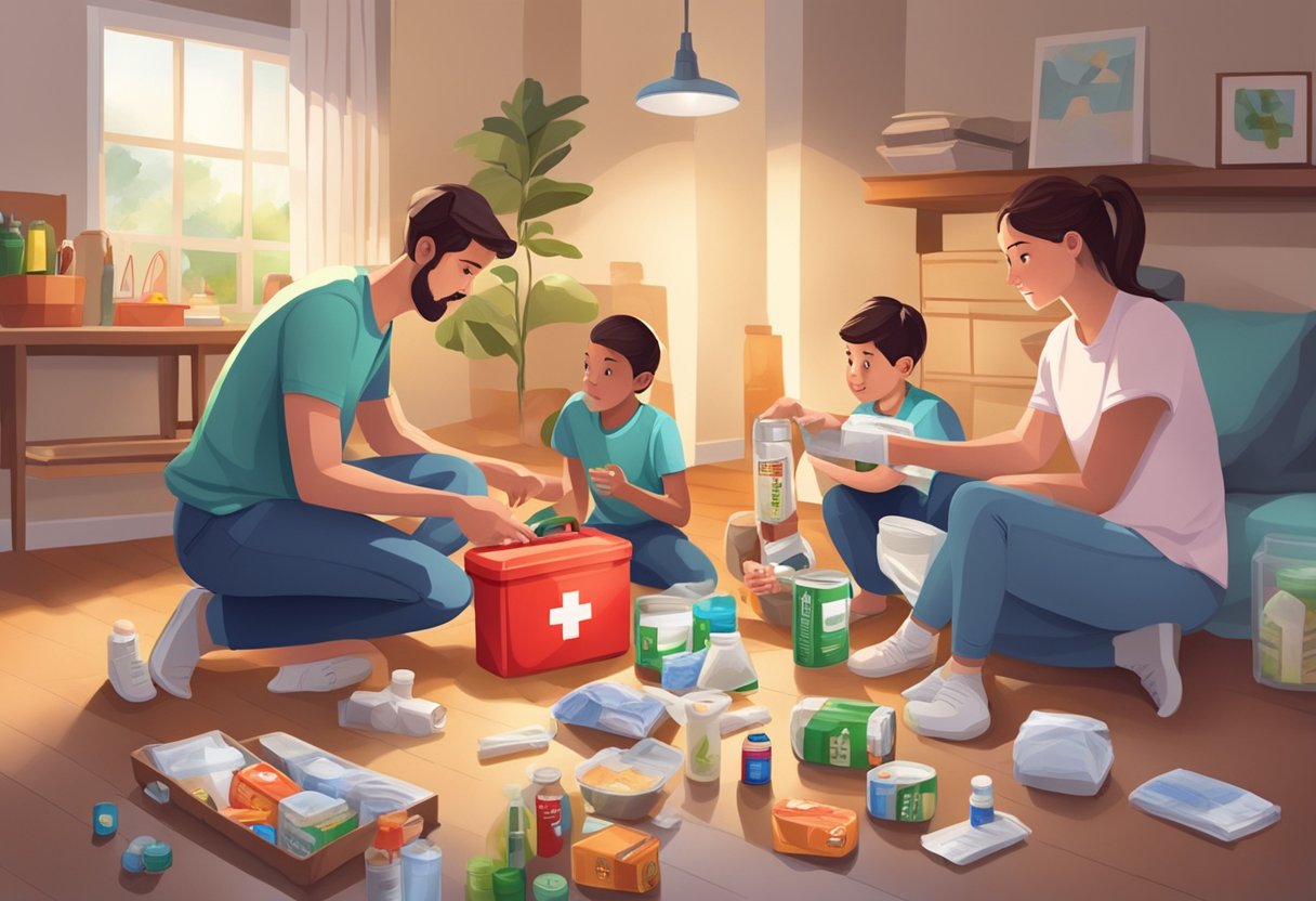 Uma família reúne suprimentos de emergência em uma sala bem iluminada com um kit de primeiros socorros, lanterna e alimentos não perecíveis.