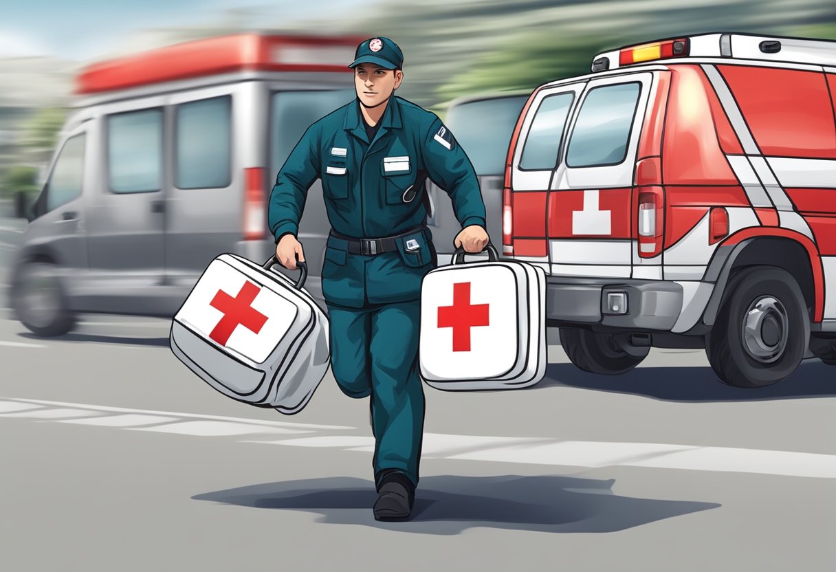 Um paramédico correndo para uma emergência particular, carregando uma bolsa médica e vestindo um uniforme com um emblema de cruz vermelha.