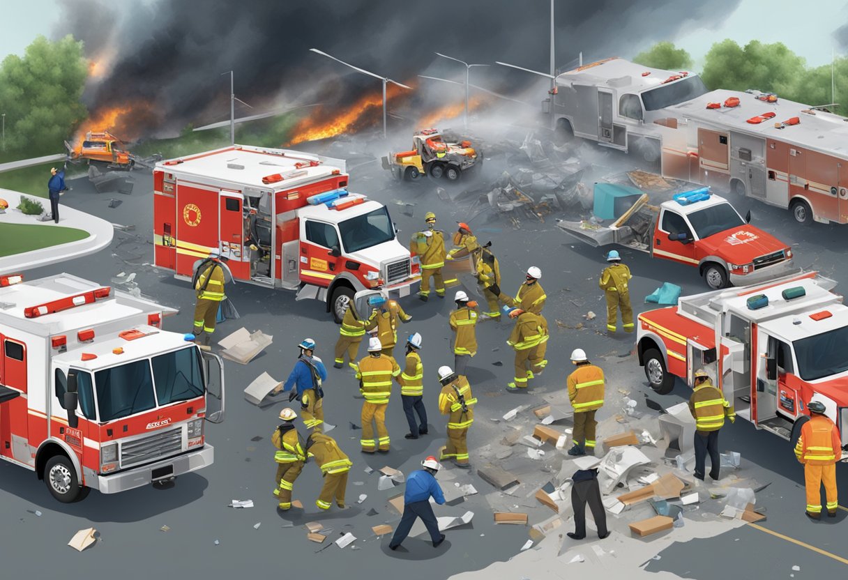 Uma equipe de socorristas enfrenta uma cena de emergência caótica, com destroços espalhados e necessidades urgentes, enquanto coordena soluções e fornece cuidados críticos.