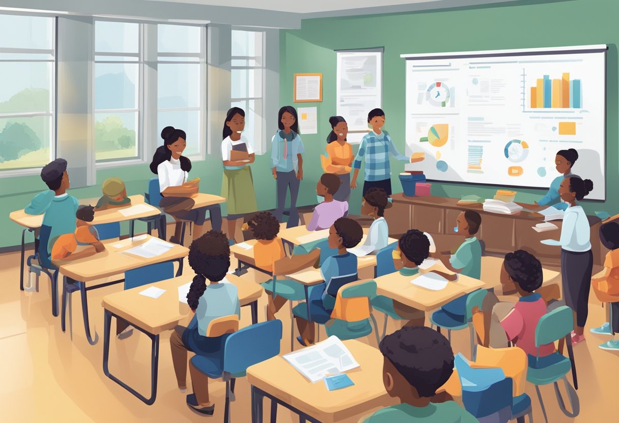 Uma sala de aula com alunos diversos envolvidos em discussões sobre conscientização pública e educação sobre uma emergência específica. Pôsteres e materiais visuais estão expostos ao redor da sala.