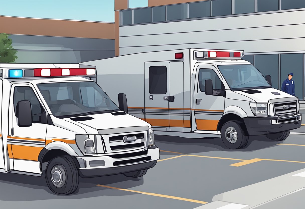 Uma ambulância particular estacionada do lado de fora de um hospital, com suas luzes piscando e os paramédicos atendendo a um paciente em uma maca.