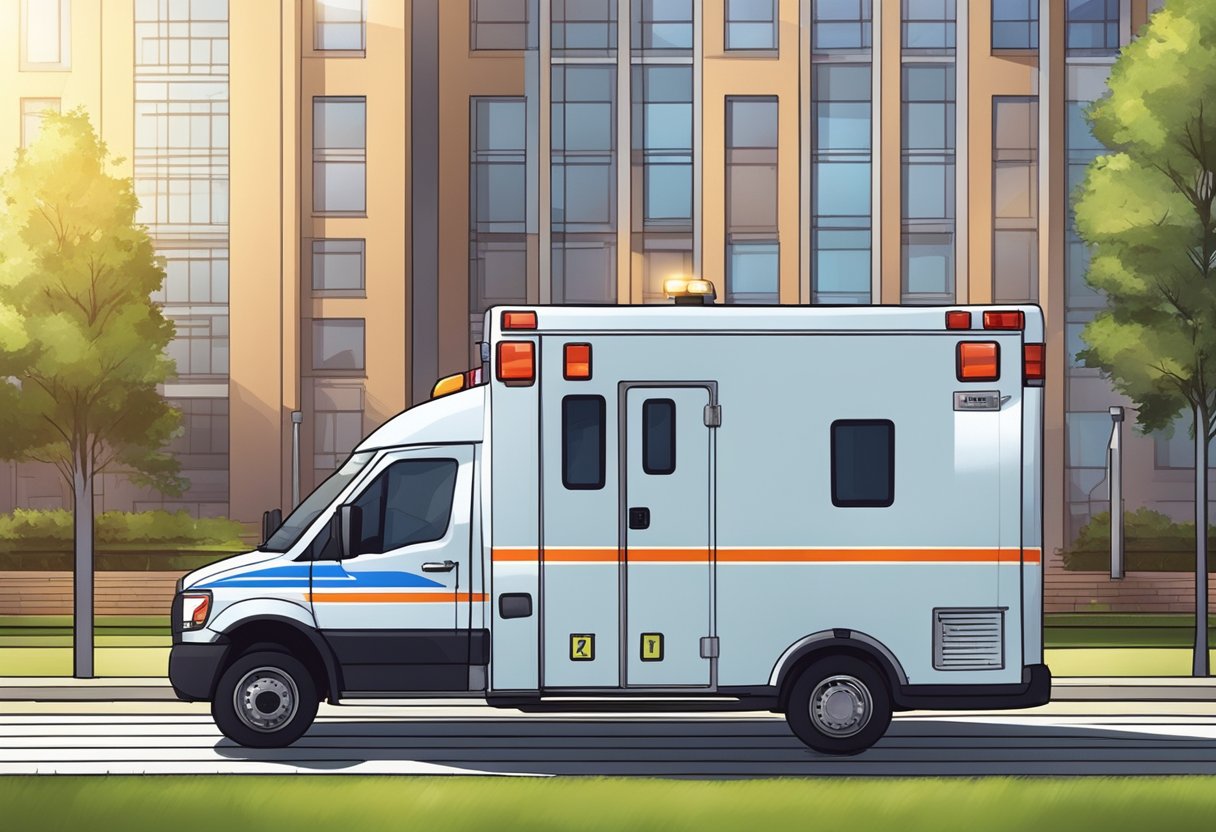 Uma ambulância particular estacionada do lado de fora de um hospital, com suas luzes piscando e um paramédico ao lado, pronto para ajudar