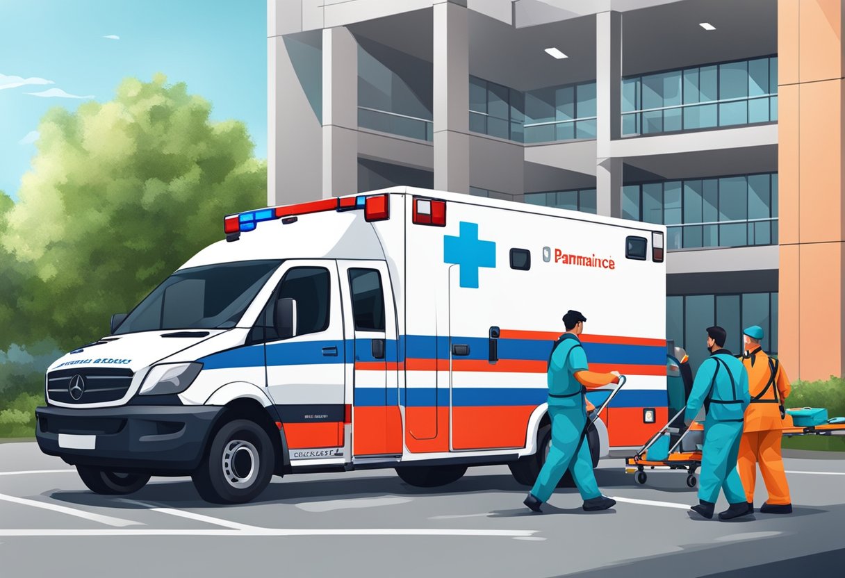 Uma ambulância particular estacionada do lado de fora de um hospital, com paramédicos carregando equipamentos médicos e um paciente sendo transferido para uma maca.